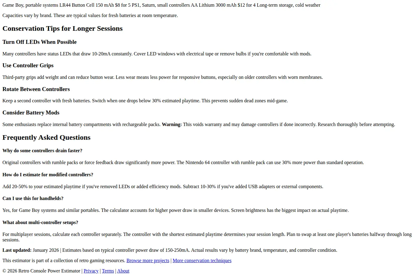Screenshot of Retro Console Power Estimator interface showing the project page in use